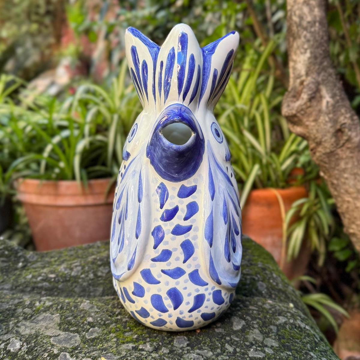 Rooster Water Pitcher 10" Height 54 Oz Blue and White