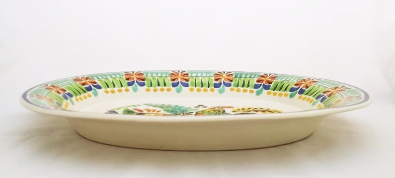 Rooster Family Decorative / Serving Semi Oval Platter / Tray 16.9x13.4 in Green Colors
