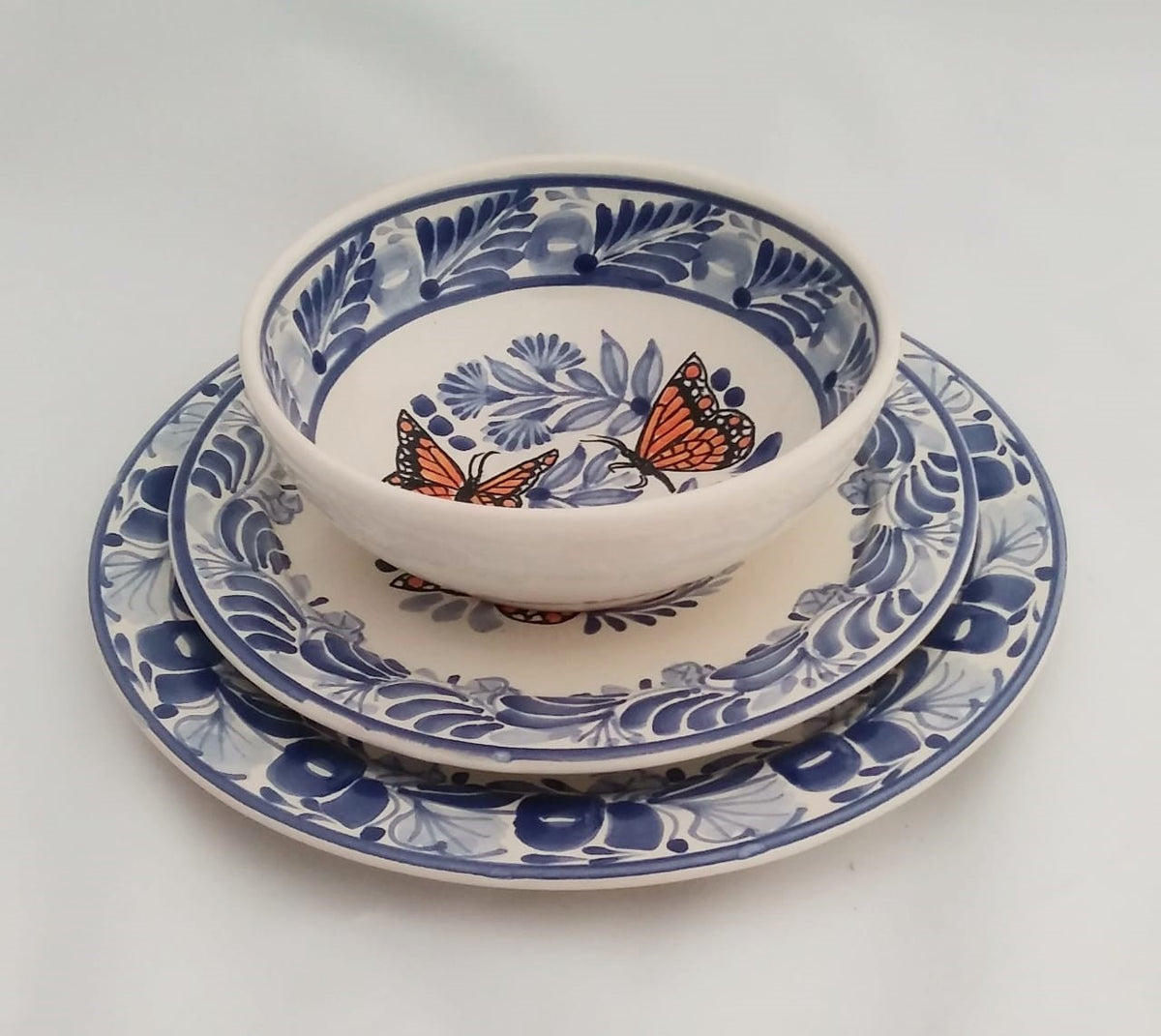 Mexican Dish Set (3 pieces) Pottery Butterfly Blue and White Personal