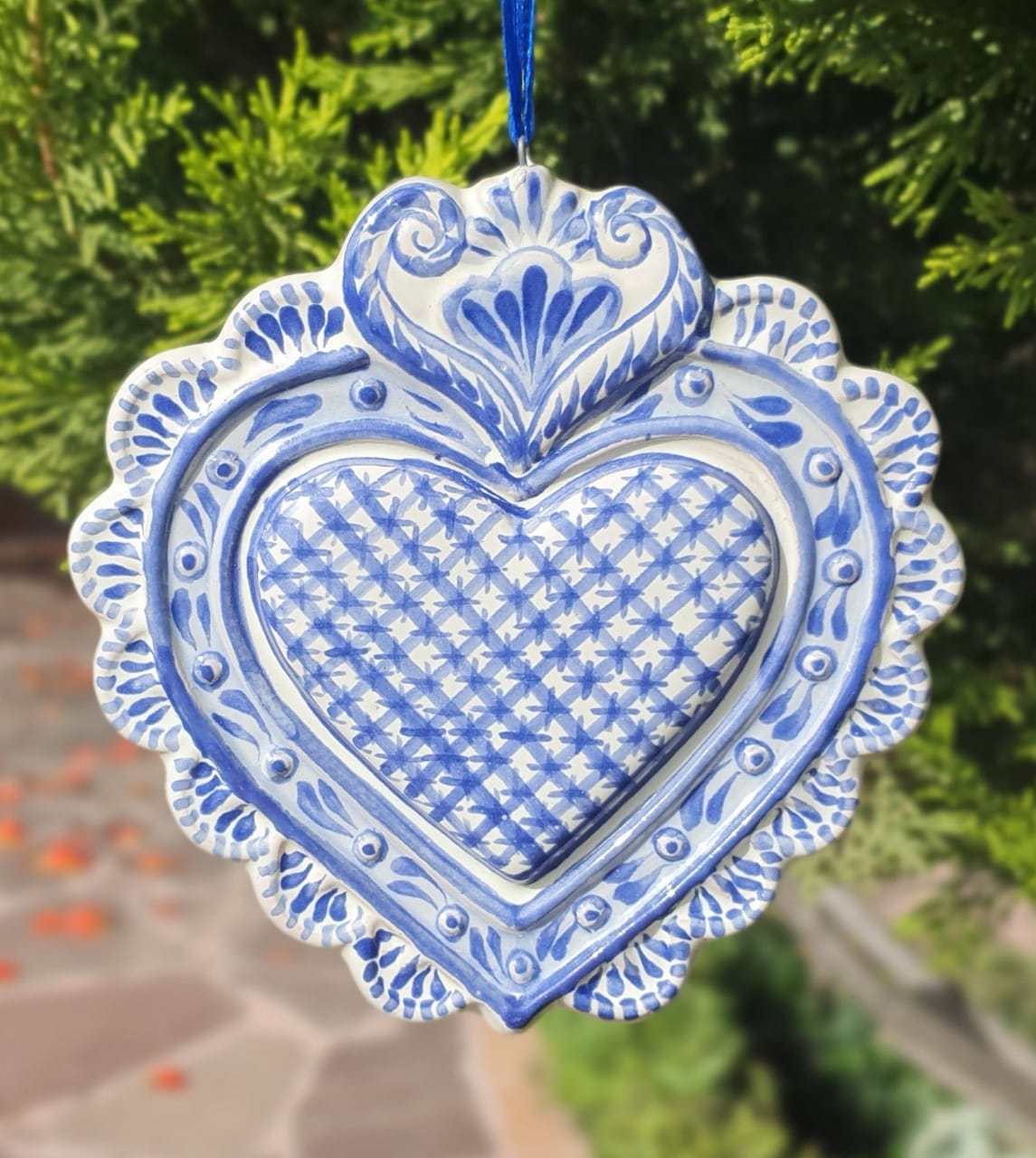 Ornament Love Heart 5*5" Flat Blue and White