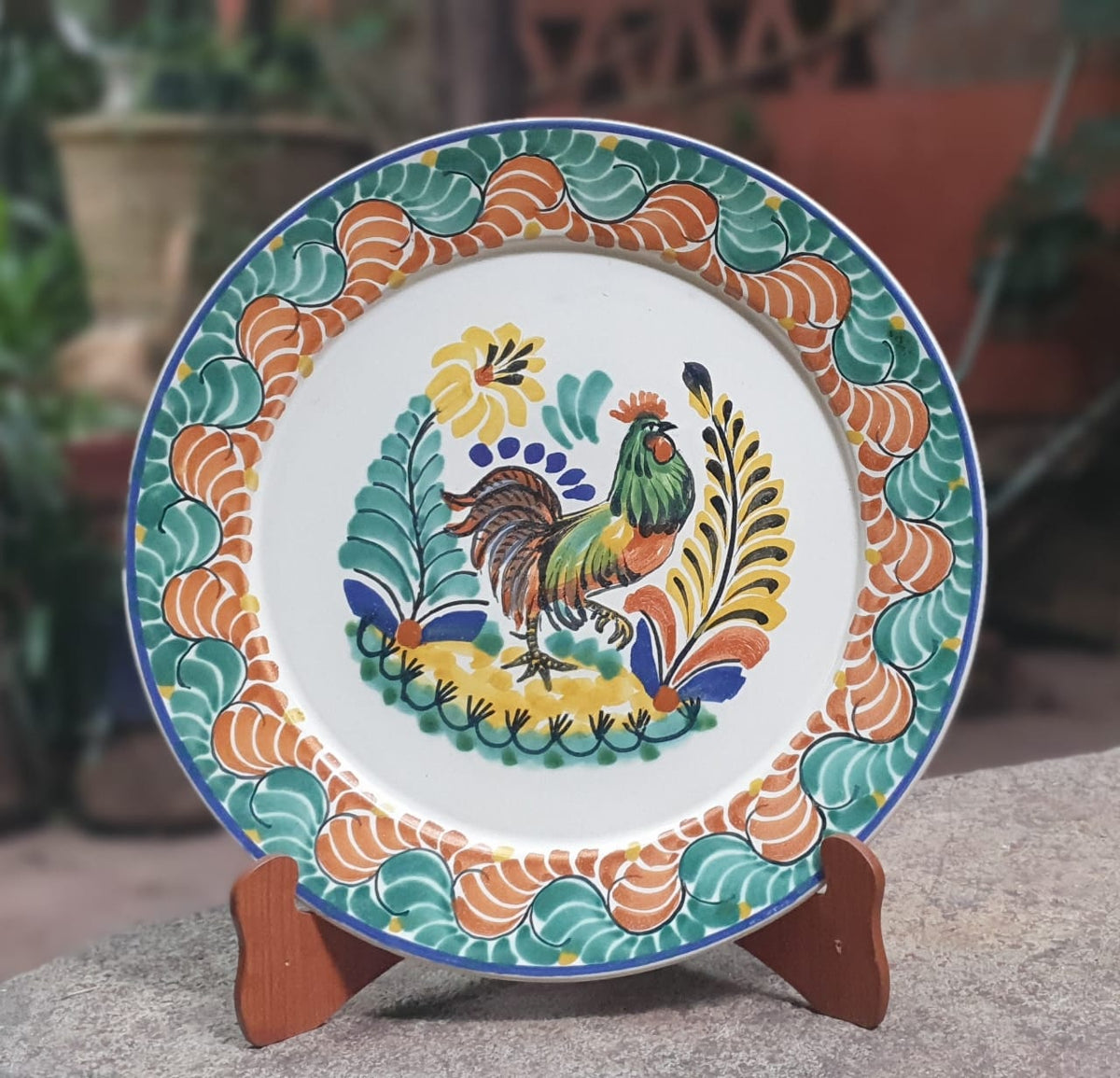 Rooster Decorative / Serving Flat Platter 13.8" D Green-Terracota Colors