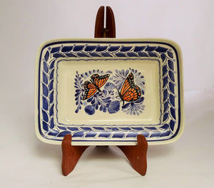 Butterfly Rectangular Bowl 11*7.9" Blue-Orange Colors - Mexican Pottery by Gorky Gonzalez