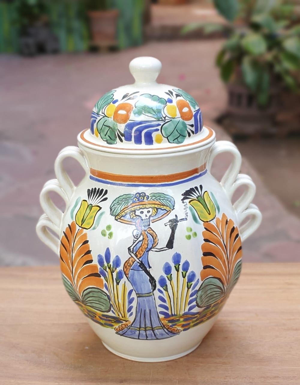 Catrina & Catrin Decorative Vase 15.8" Height Set (2 Pieces) Green-Blue-Yellow Colors - Mexican Pottery by Gorky Gonzalez