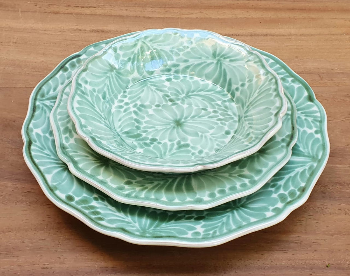 Flower Shape Dish Set (3 Pieces) Milestones Pattern Green and White (One Service)