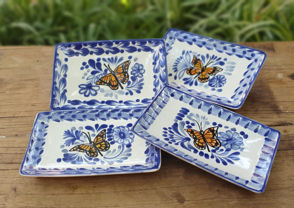 Monarch Butterfly Mini Rectangular Tray 3.9 X 5.5" Set of 4(Pieces) Blue and White