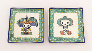Catrina Set of 2 Mini Square Plate / Tapa Plate 5 x 5 " Green Colores - Mexican Pottery by Gorky Gonzalez
