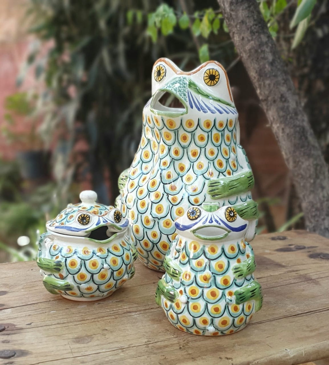 Mexican Pottery Frog Set of Creamer and Sugar in Green Colors