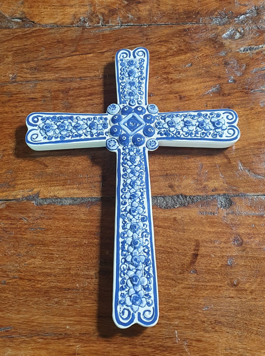 Large Paint Cross 13" Height Blue and White