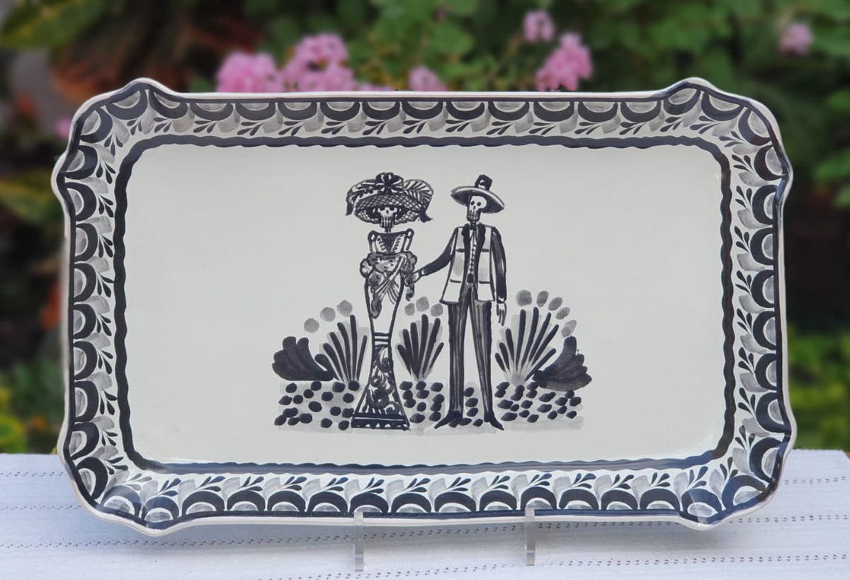Catrina Couple Tray Decorative / Serving Rectangular Platter 16.9"x10.6" Black and White