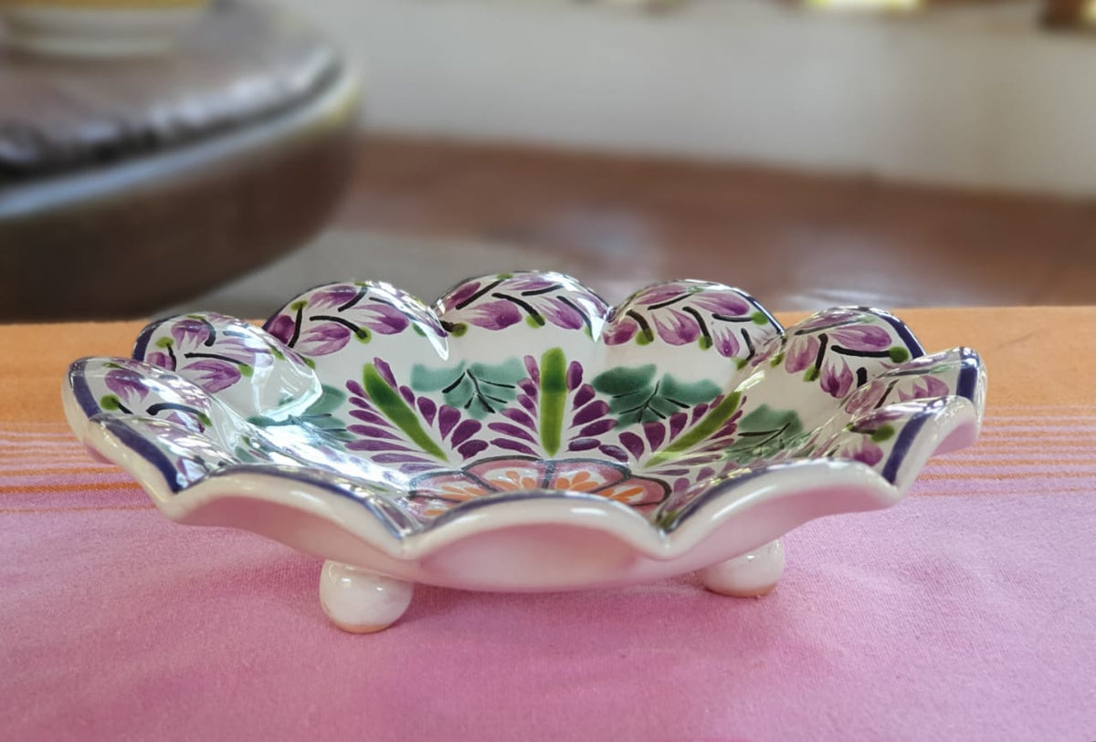 Flower Shape Footed Snack Dish 7" D Purple Colors