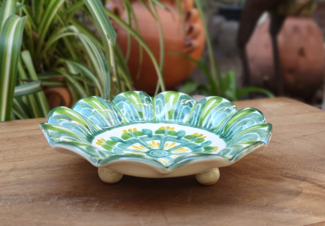 Flower Shape Footed Snack Dish 7" D Green Colors