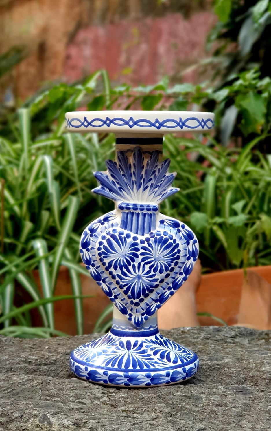 Sacred Heart 4.5" Candle holder 7.7" H Blue and white
