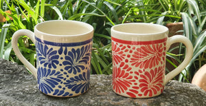Coffee Mug Blue and Red Milestones Pattern Set of 2