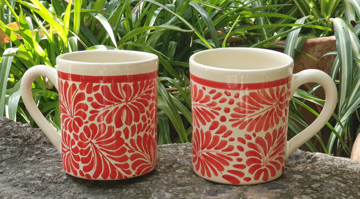 Coffee Mugs Set of 2 Milestones Pattern Red and White