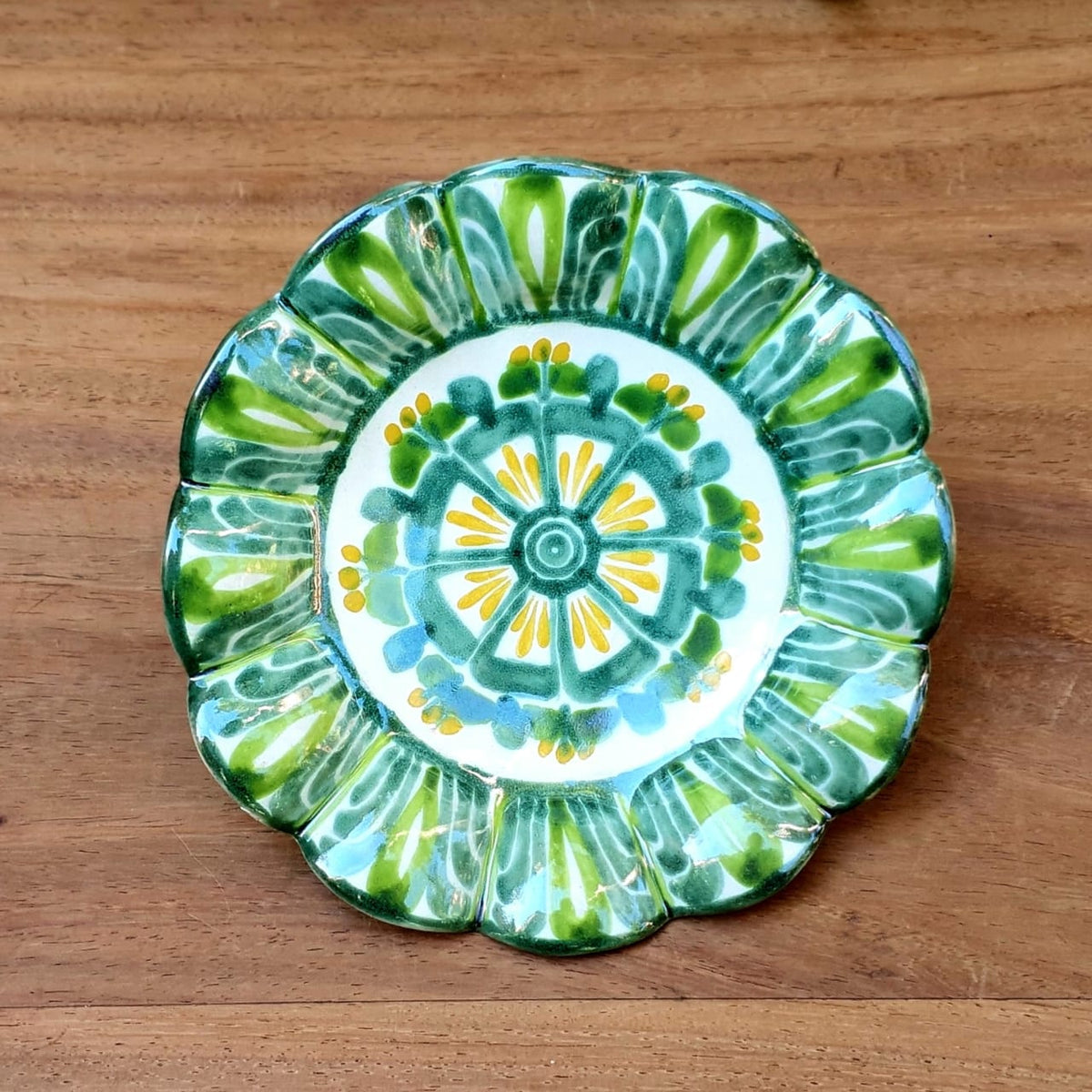 Flower Shape Footed Snack Dish 7" D Green Colors