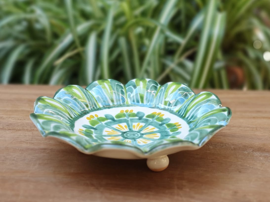 Flower Shape Footed Snack Dish 7" D Green Colors