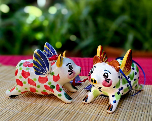 Ornament 3D Pig with wings Set of 2 MultiColor