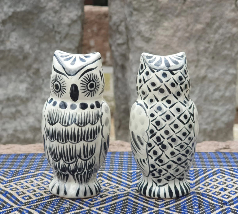 Owl Salt and Pepper Shaker Set of 2 Black and White folk art