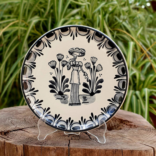 Catrina Bread Plate / Tapa Plate 6.3" D Black and White