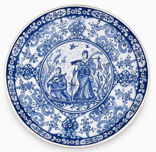 Decorative Platter Japanese Woman Pattern Blue and White