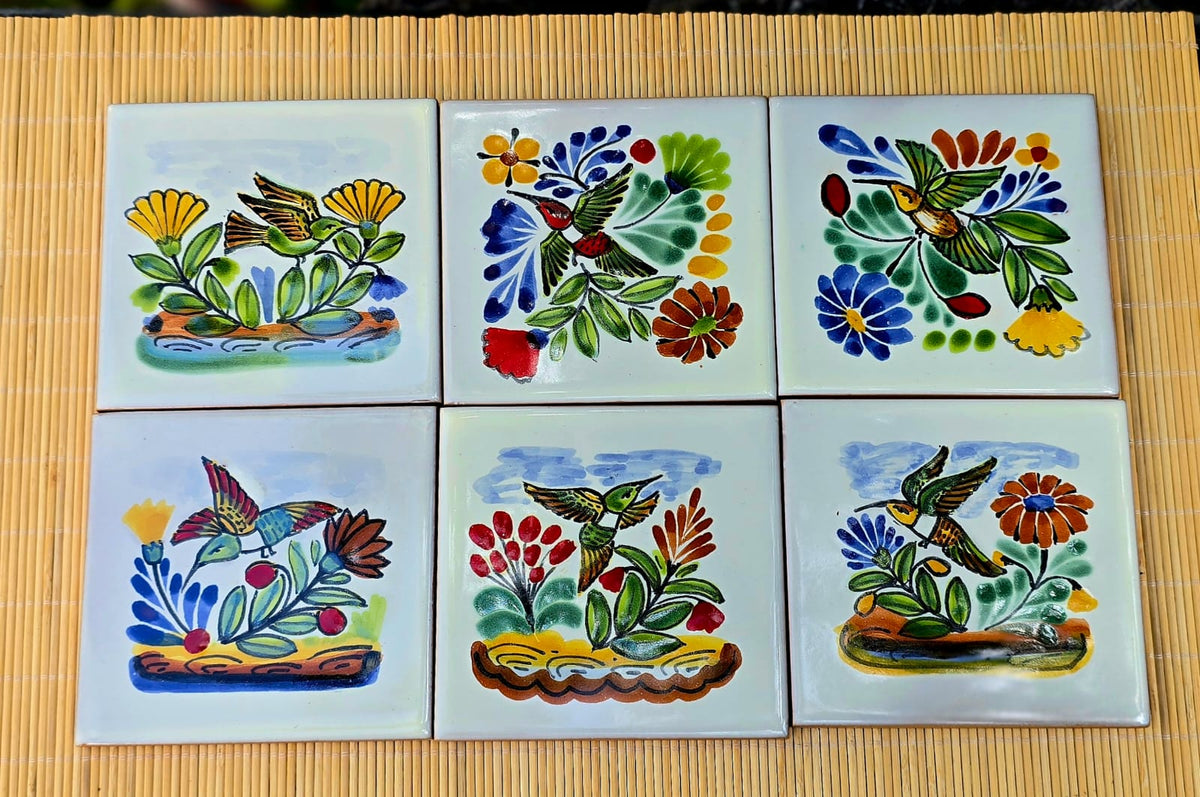Set A of 6 Handmade Hummingbird Ceramic Tiles - Hand Painted Decorative Tiles for Kitchen Backsplash or Wall Art