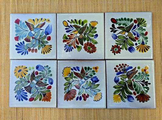 Set B of 6 Handmade Hummingbird Ceramic Tiles - Hand Painted Decorative Tiles for Kitchen Backsplash or Wall Art (Copia)
