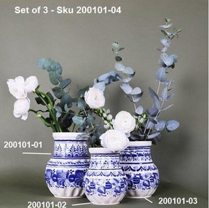 Flower Vase Ribbed Set of 3 Pieces Blue and White
