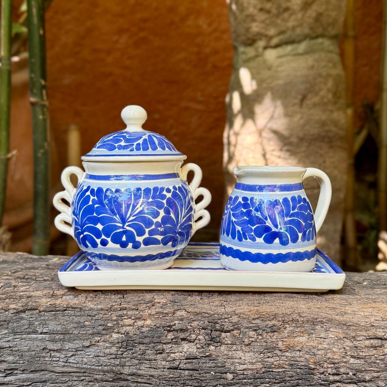 Mexican Ceramics Sugar and Creamer Set of 3 pieces Blue and White