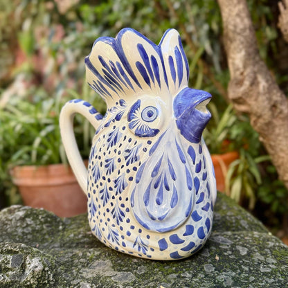 Rooster Water Pitcher 10" Height 54 Oz Blue and White