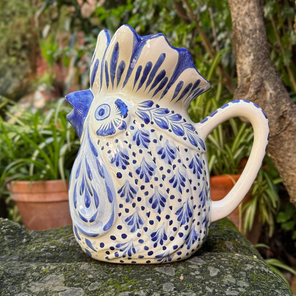 Rooster Water Pitcher 10" Height 54 Oz Blue and White