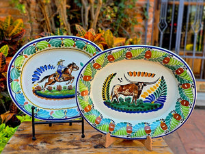 LongHorn and CowGirl Decorative / Serving Semi Oval Platter / Tray 16.9x13.4" MultiColors Set of 2