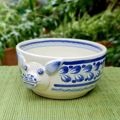 Juego de 3 cuencos con patas de cerdito azul y blanco 