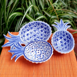 Pineapple Snack Bowls Set of 3 Blue and White