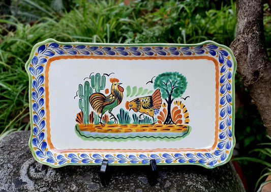 Rooster and Hen Tray / Serving Rectangular Platter 16.9"x10.6" MultiColors