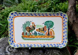 Rooster and Hen Tray / Serving Rectangular Platter 16.9"x10.6" MultiColors