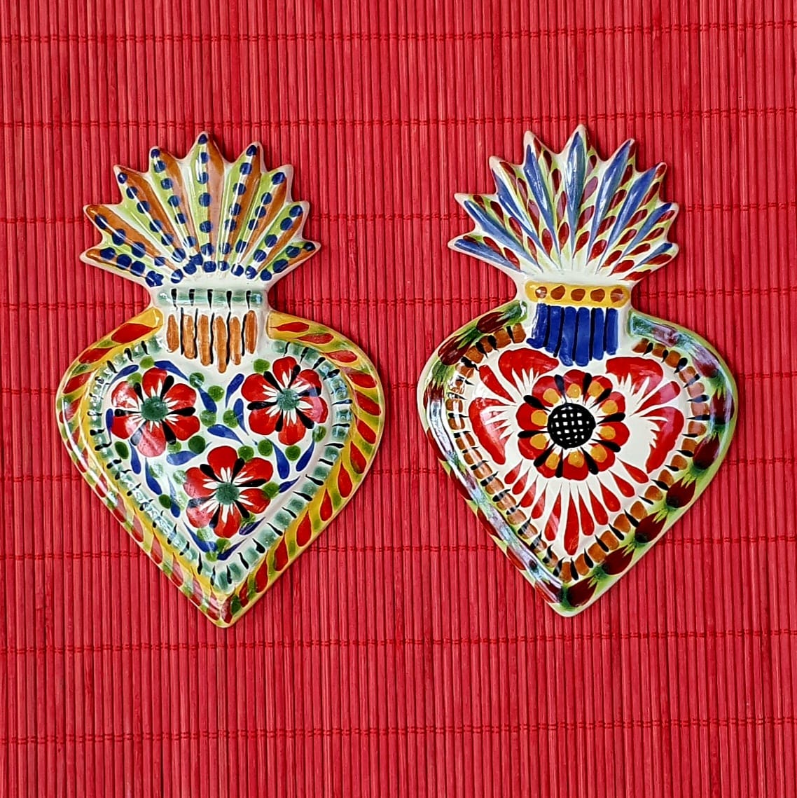 Mexican Ceramics Ornament Sacred Heart Set of 2 flowers pattern