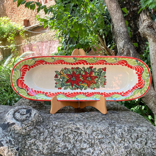 Poinsettia Oval Long Plate 17.3*5.5" christmas colors