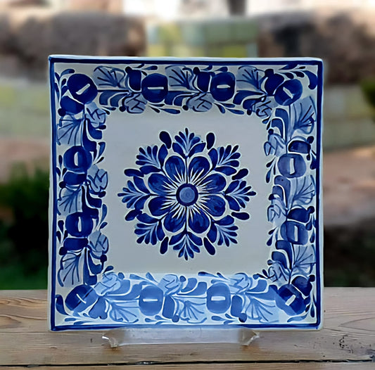Flower Square Plate Blue and White