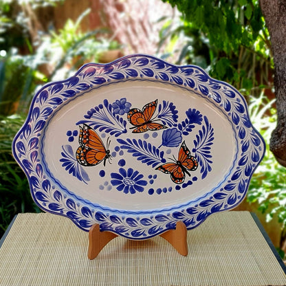 Monarch Butterfly Tray / Serving Cut Flat Platter 15*11" Blue-Orange Colors