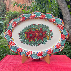 PoinSettia Tray / Serving Cut Flat Platter 15*11" Green-Red Colors