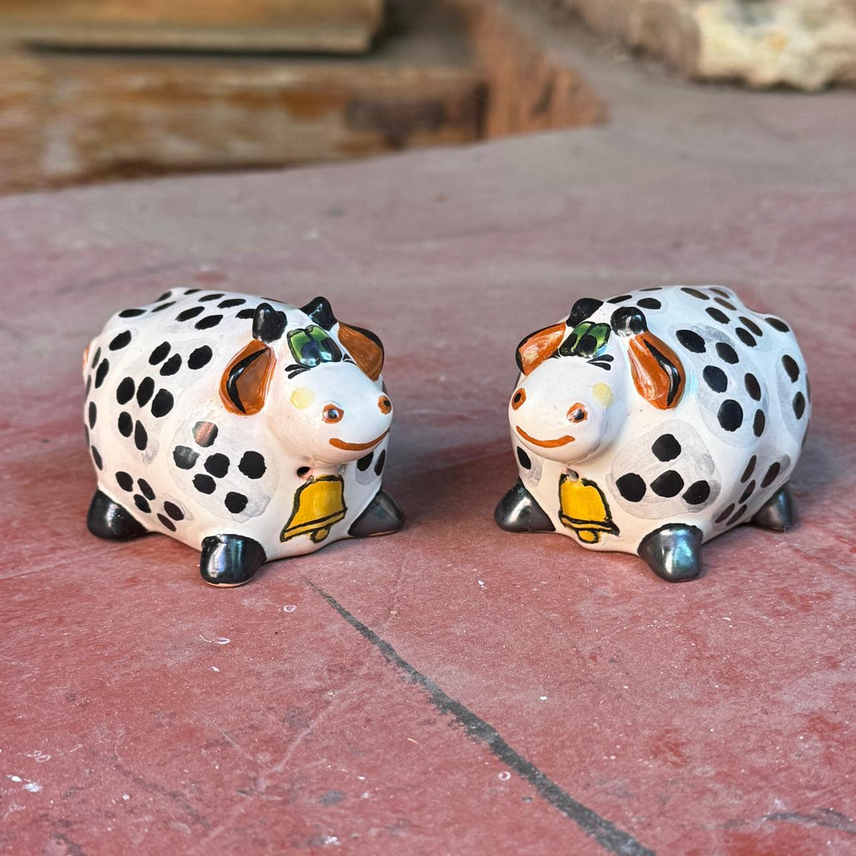 Cow Round Salt and Pepper Shaker Set Points Black