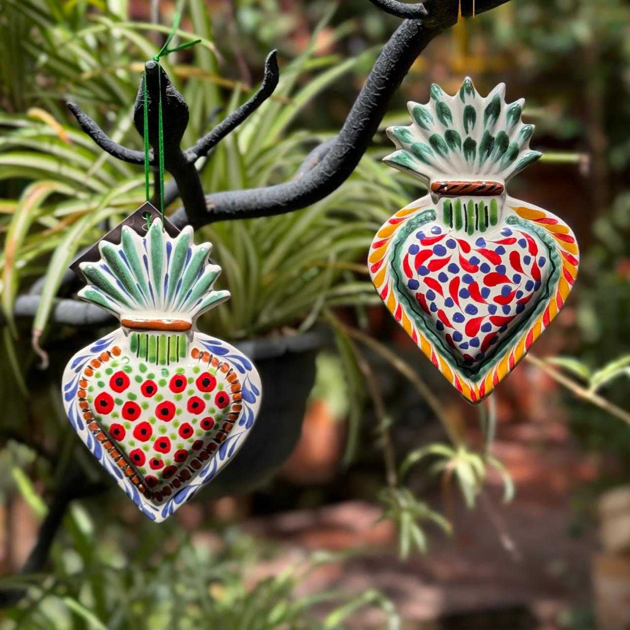 Mexican Pottery Ornament Sacred Heart Set of 2 christmas decor