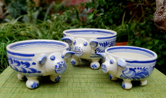 Pig Molcajete Bowl Set of 3 Blue and White