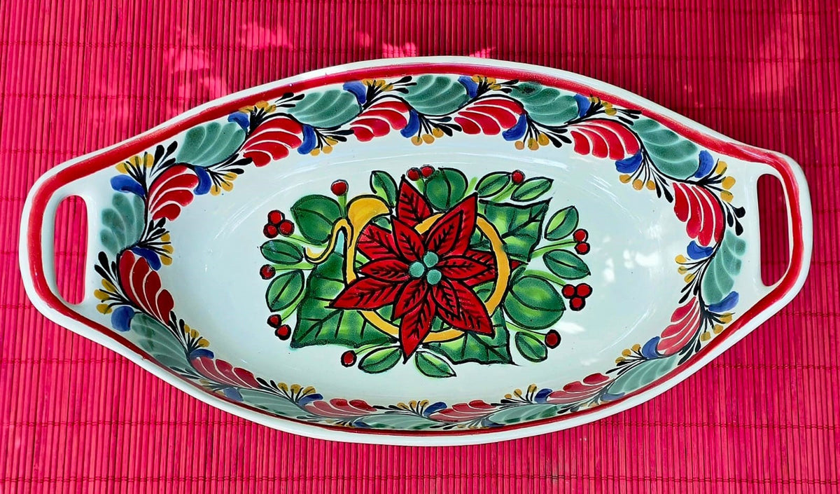 Poinsettia Oval Bowl with handles / Serving Piece Christmas Colors