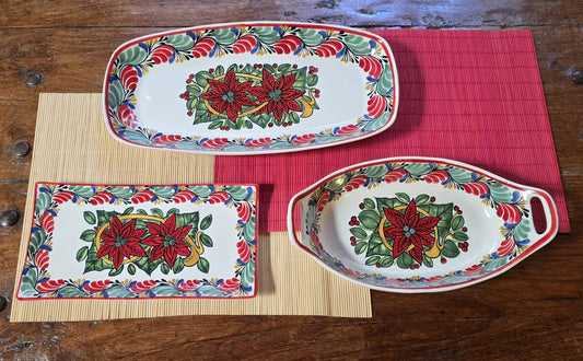 Poinsettia Set of Rectangular Long, salad bowl, rectangular Tray/plate Christmas Colors (Copia)