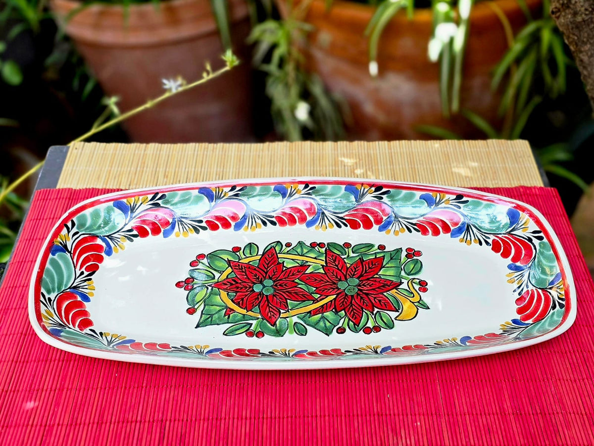 Poinsettia Rectangular Long Platter 14.6 X 7.1 in Christmas Colors