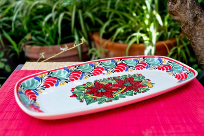 Poinsettia Rectangular Long Platter 14.6 X 7.1 in Christmas Colors