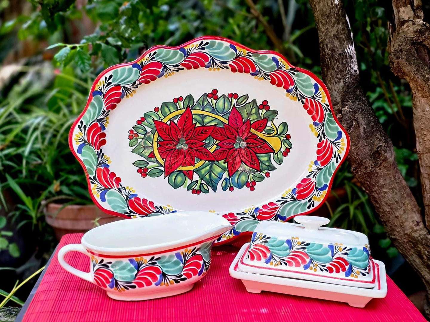 Set of Gravy Suacer & Butter Dish and Cut oval Tray / Platter - Christmas Colors