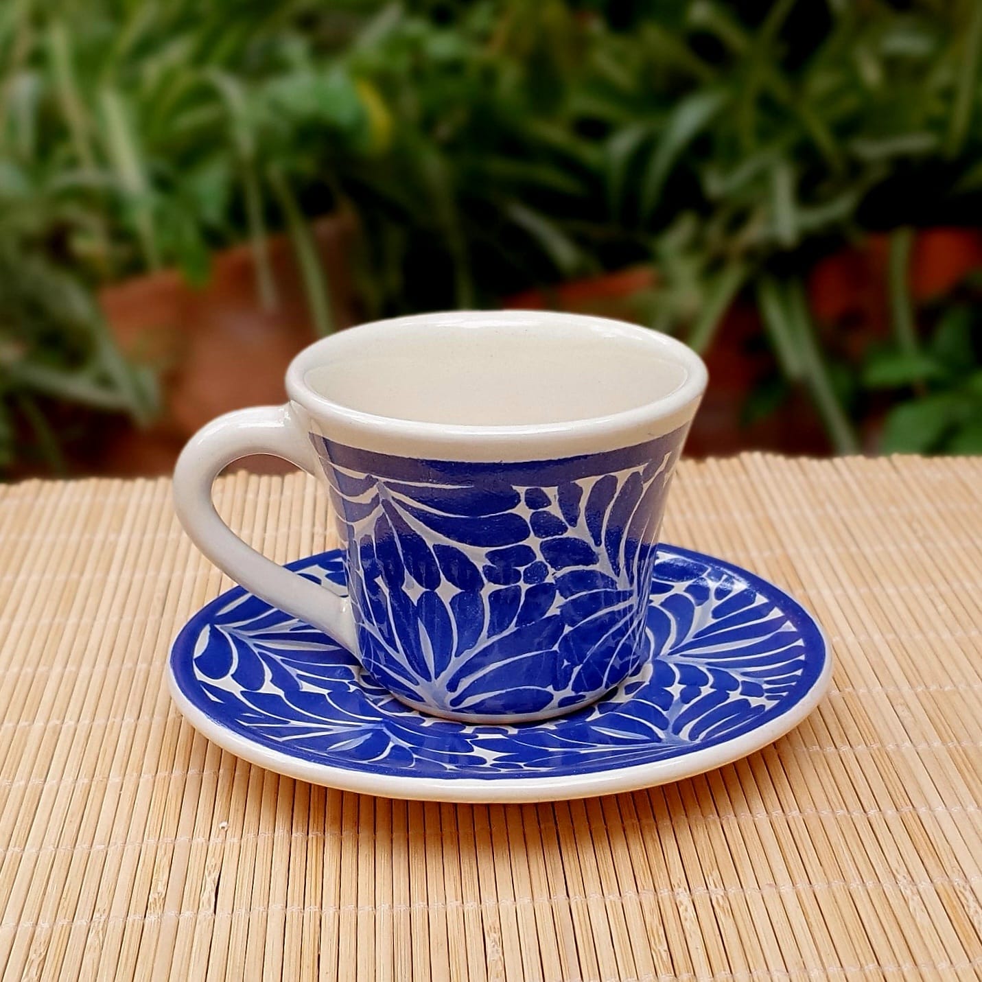 Mexican Pottery Espresso Cup & Saucer in Blue and White talavera