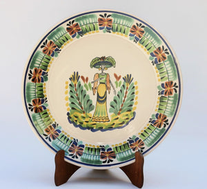 Catrina Large Flat Platter 13.8" D Green Colors - Mexican Pottery by Gorky Gonzalez